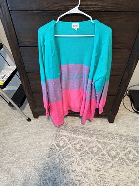 BiBi Teal, Pink and Lavender Colorblock Open Cardigan
